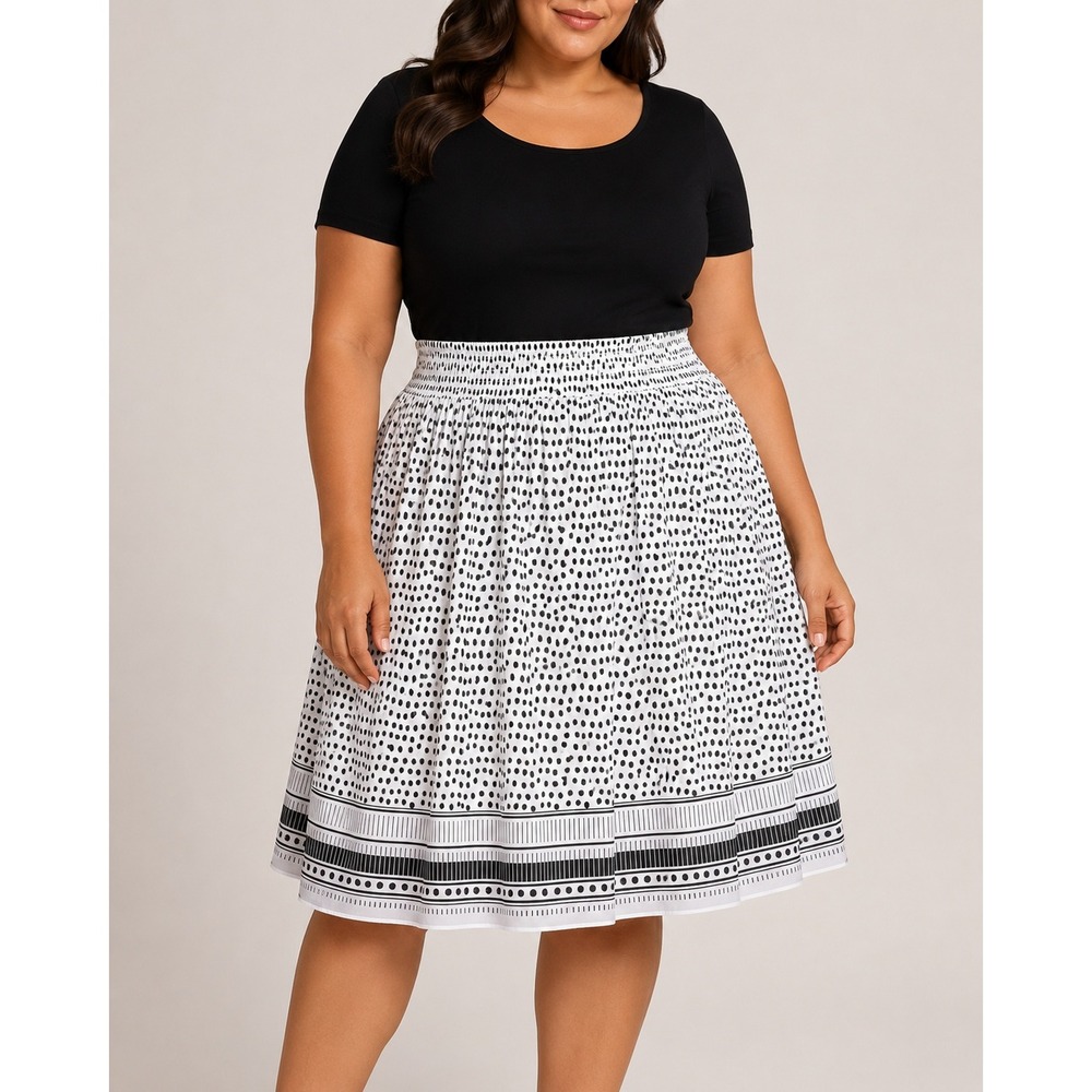 Max Studio 1X Black White Polka Dot Smocked Waist Knee Length Skirt NWT